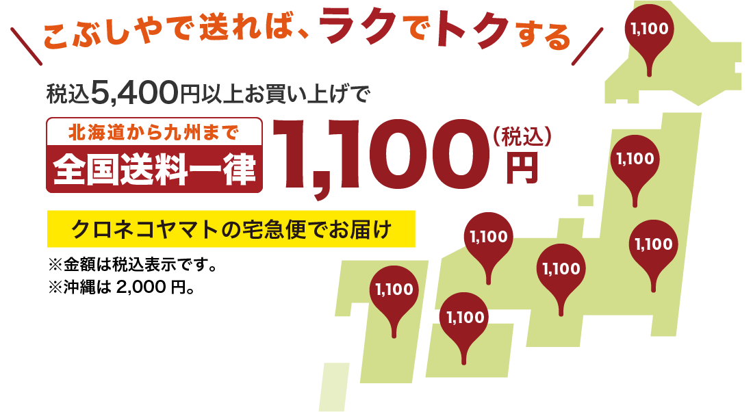 税込5,400円以上お買い上げの方限定！北海道から九州まで全国送料一律1100円(税込)クロネコヤマトの宅急便でお届け